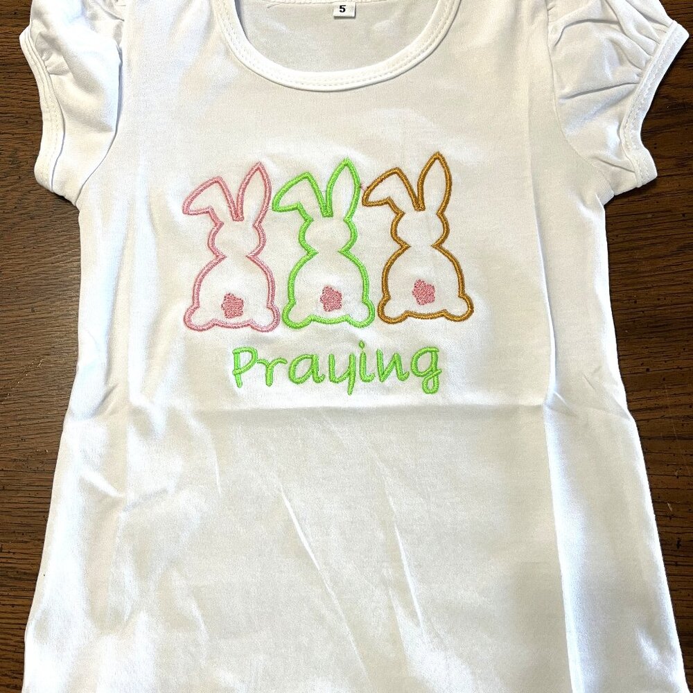 Bunny Puff Sleeve White T-shirt with Embroidery on front "Praying"